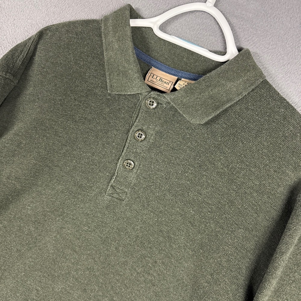 L.L. Bean Polo Shirt Men Large Green Thermal Long Sleeve Cotton Textured Knit